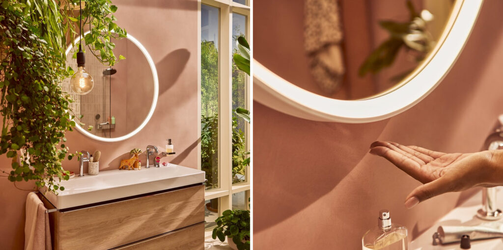 Lustro okrągłe podświetlane hansgrohe w białej ramie