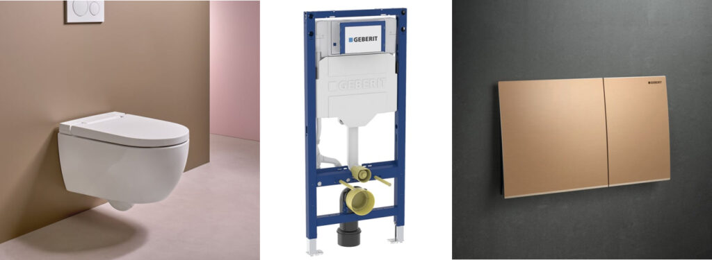 Geberit Duofix – komplet: toaleta wisząca, stelaż i elegancki przycisk spłukujący Sigma Zestaw Geberit: wisząca toaleta, stelaż podtynkowy Duofix oraz przycisk spłukujący w kolorze złotym.