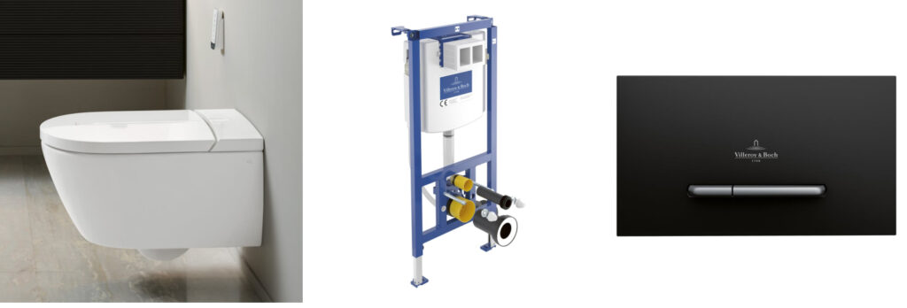 Kompletny zestaw Villeroy & Boch: toaleta myjąca, stelaż i przycisk spłukujący Zestaw toalety myjącej Villeroy & Boch z pasującym stelażem podtynkowym i czarnym przyciskiem spłukującym.