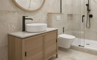 mała łazienka z brodzikiem na cokole z płytek