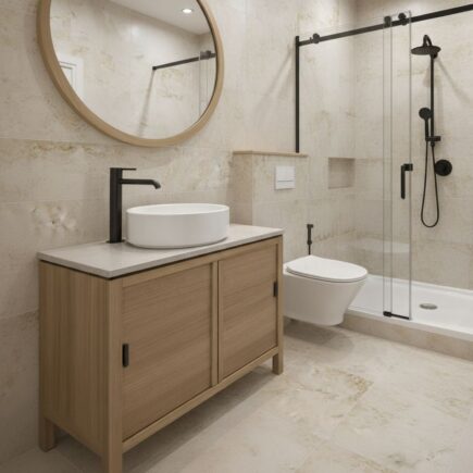 mała łazienka z brodzikiem na cokole z płytek