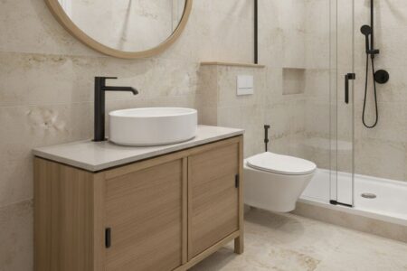 mała łazienka z brodzikiem na cokole z płytek