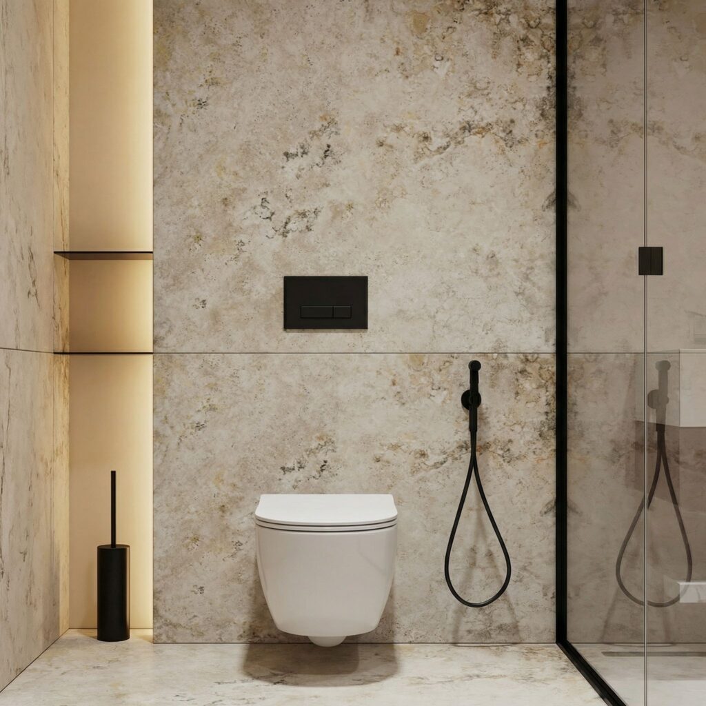 mała łazienka z stelazem slim i zabudowana scianą płytkami 