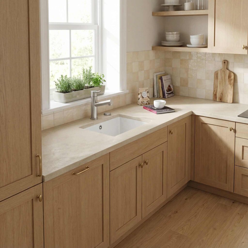 mała kuchnia z zlewem ceramicznym podblatowym