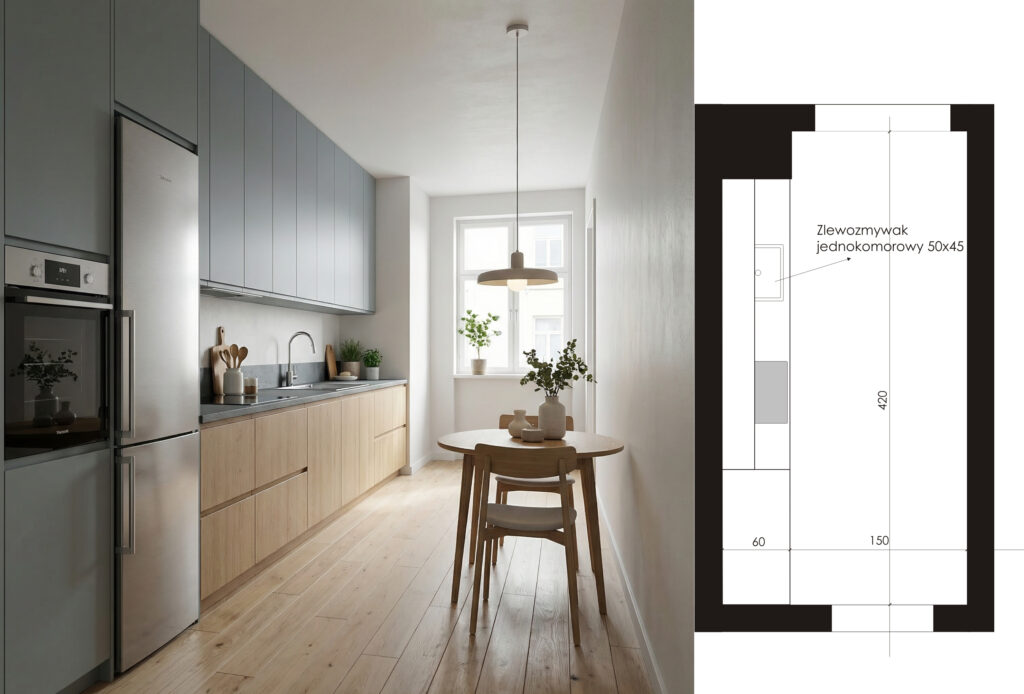Zlew jednokomorowy 50x45 w wąskiej kuchni dla singla – rzut z maksymalnie długim odcinkiem blatu
