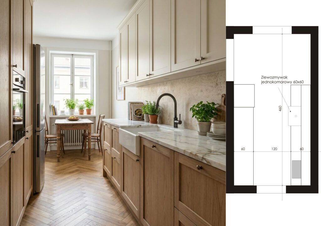 Zlew farmerski jednokomorowy 60x60 w wąskiej kuchni modern country – rzut z wymiarami zabudowy