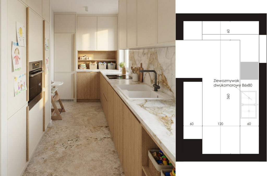 Zlew dwukomorowy 86x50 w wąskiej kuchni rodzinnej – rzut z wymiarami i proporcjami blatu