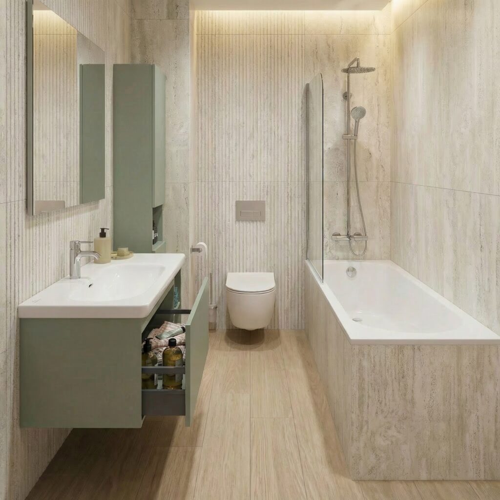 mała łazienka z wanna i umywalką z blatem ceramicznym