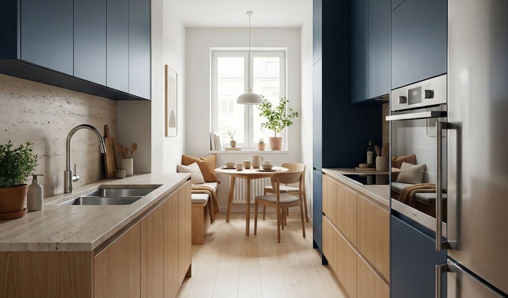 wąska kuchni z zlewem dwukomorowym