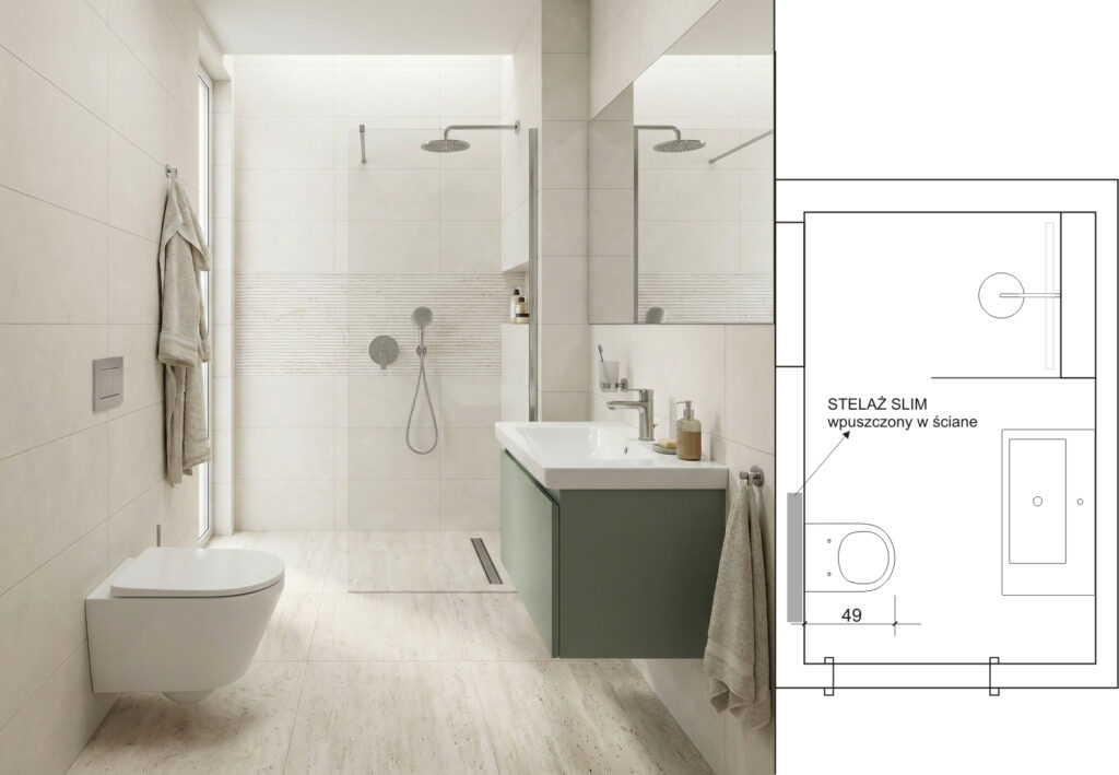 mała łazienka mała toaleta – aranżacja z miską WC 49 cm