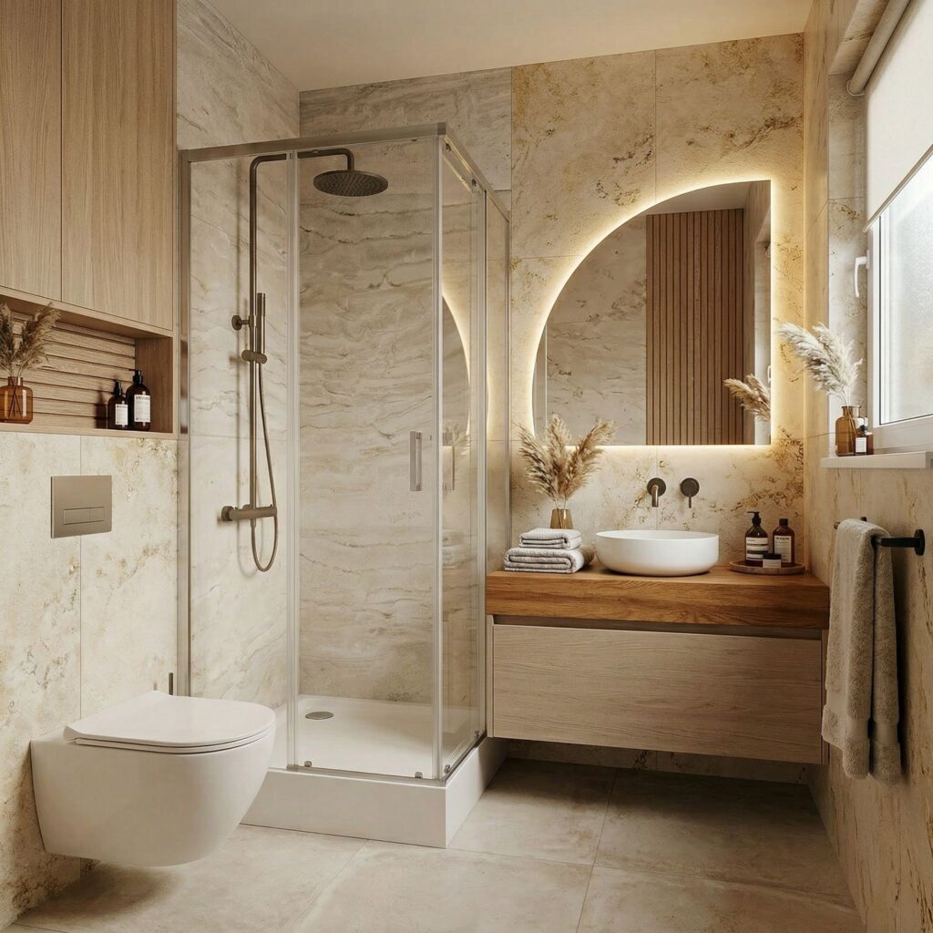 zestaw prysznicowy z deszczownicą w mieszkaniu deweloperskim z brodzikiem