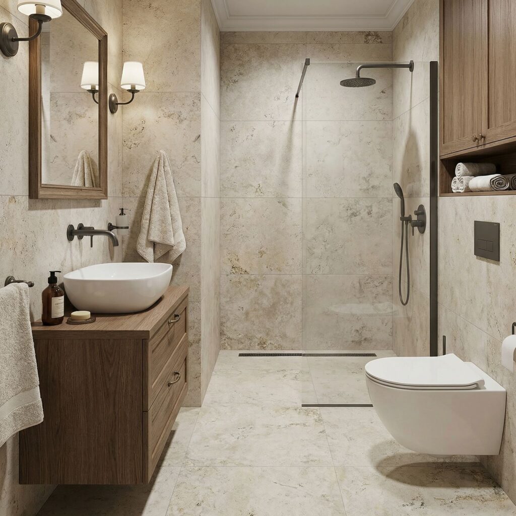 klasyczna łazienka z prysznicem walk in drewnianą szafką i toaletą na stelażu podtynkowym wc