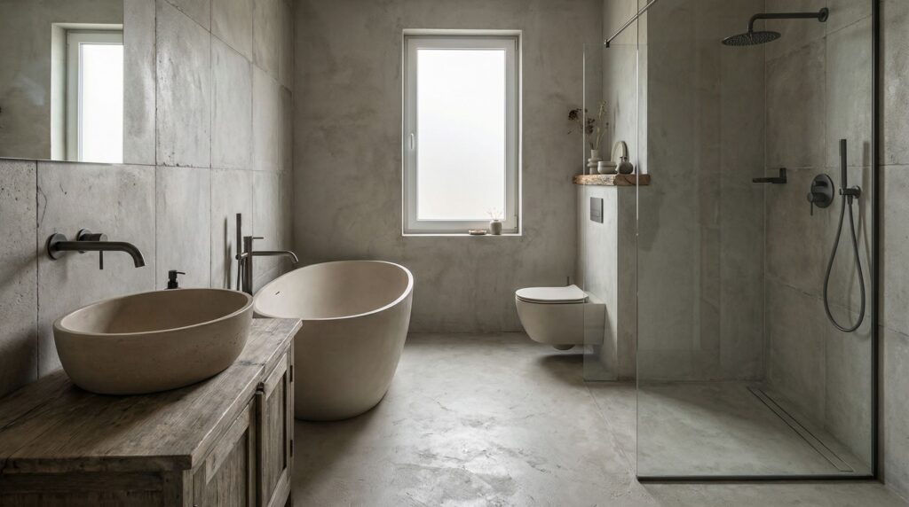 łazienka w stylu wabi sabi z wanną wolnostojącą prysznicem walk in i stelażem podtynkowym wc