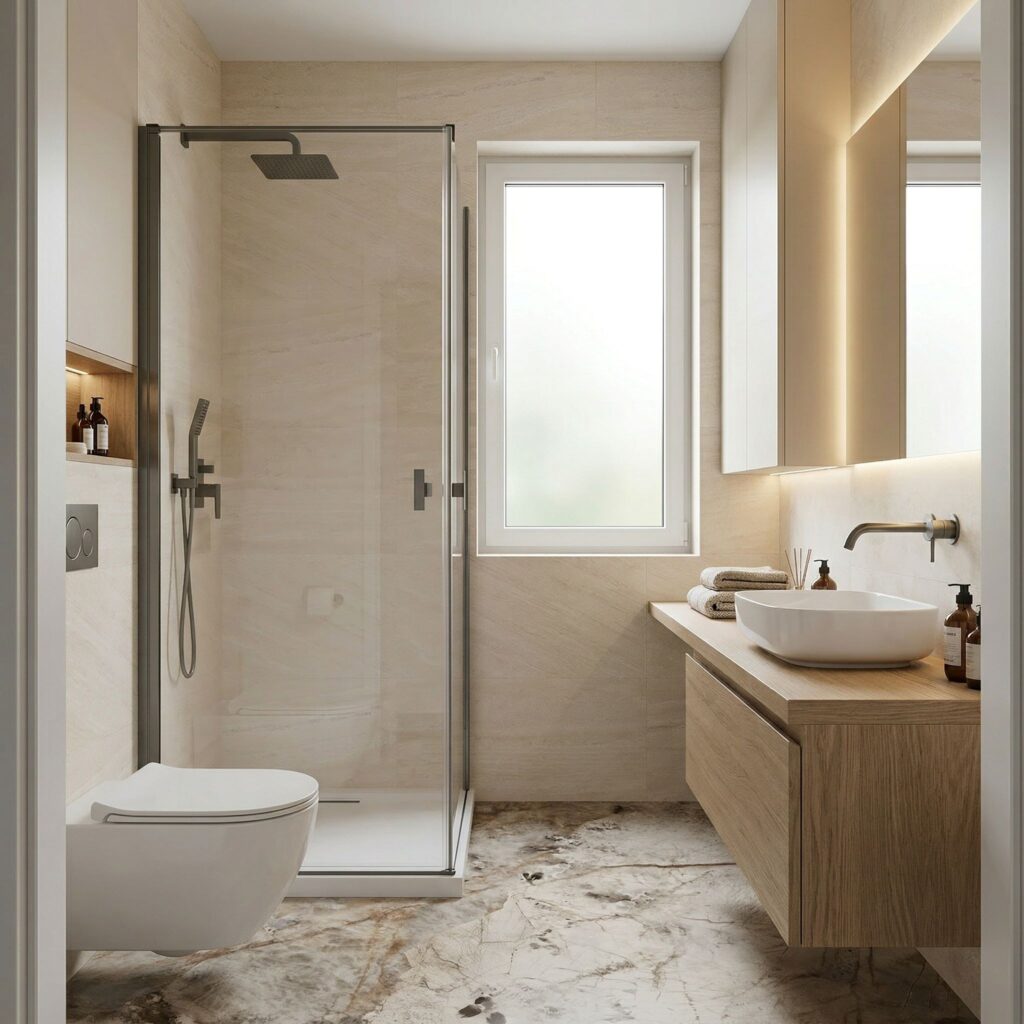 deszczownica za nisko w mieszkaniu deweloperskim z brodzikiem i kabiną prysznicową