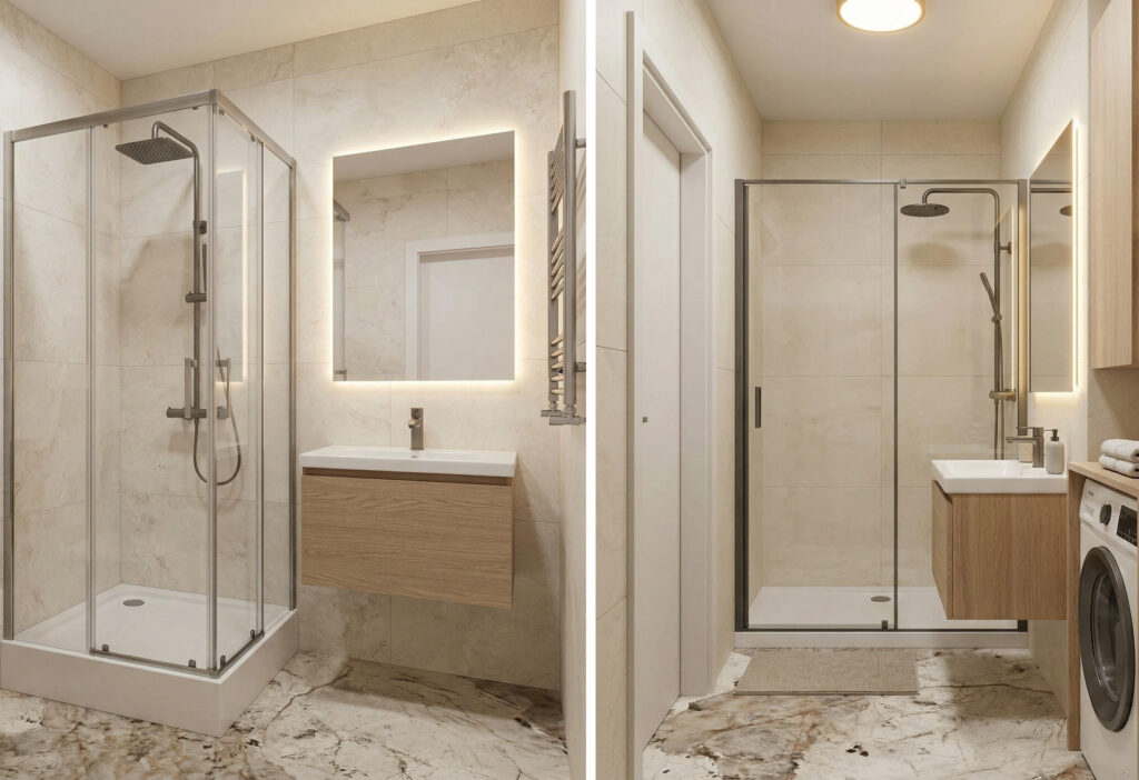 deszczownica za nisko w małej łazience z brodzikiem i zestawem natynkowym