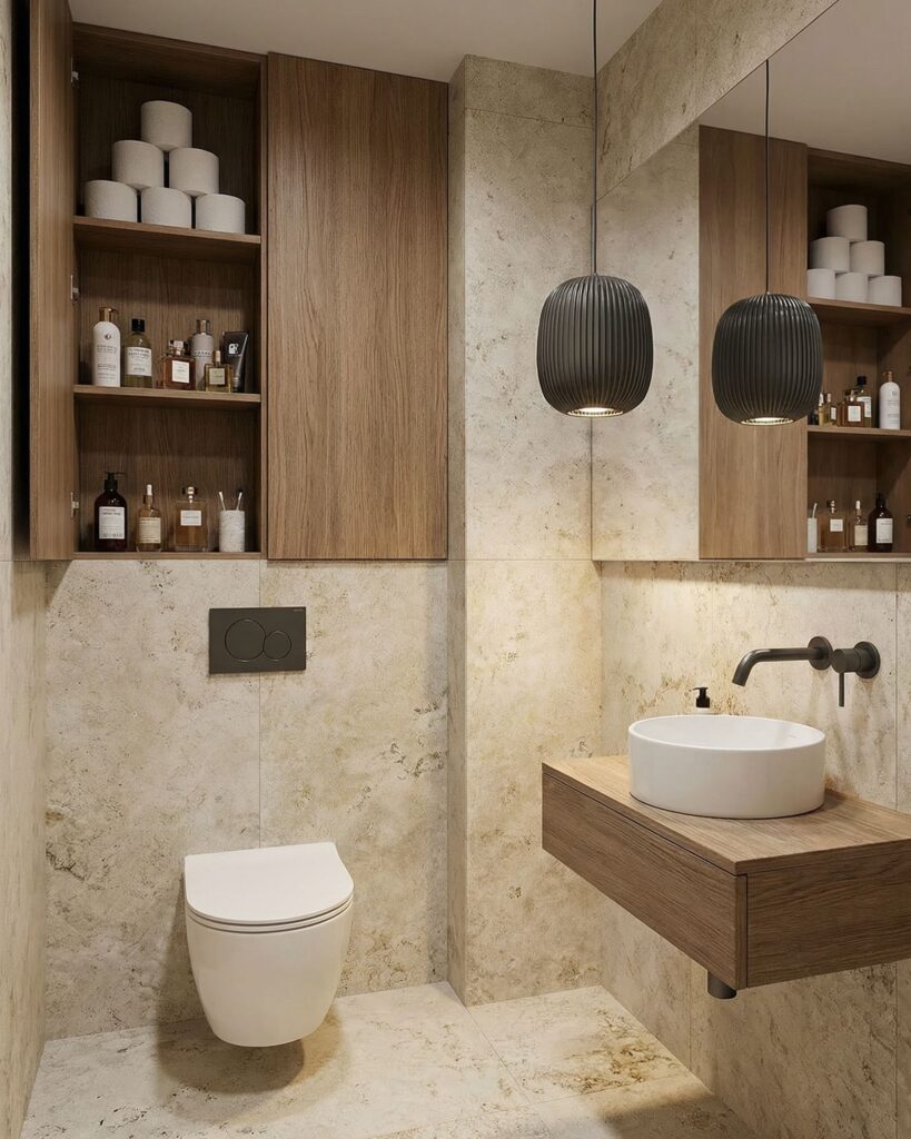 mała toaleta z niskim stelażem wc zabudowanym pod szafkami i umywalką nablatową