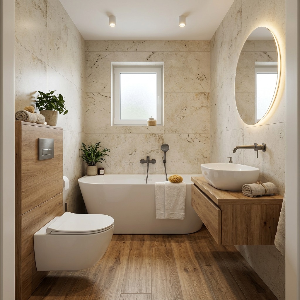 Mała łazienka z wanną przyścienną zamiast wolnostojącej – funkcjonalny układ z drewnem i kamieniem