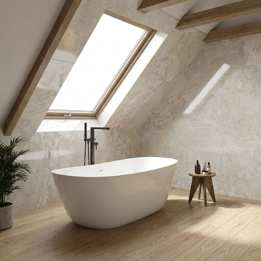 Wanna wolnostojąca na poddaszu z dużą przestrzenią wokół – prawidłowe ustawienie w przestronnej łazience