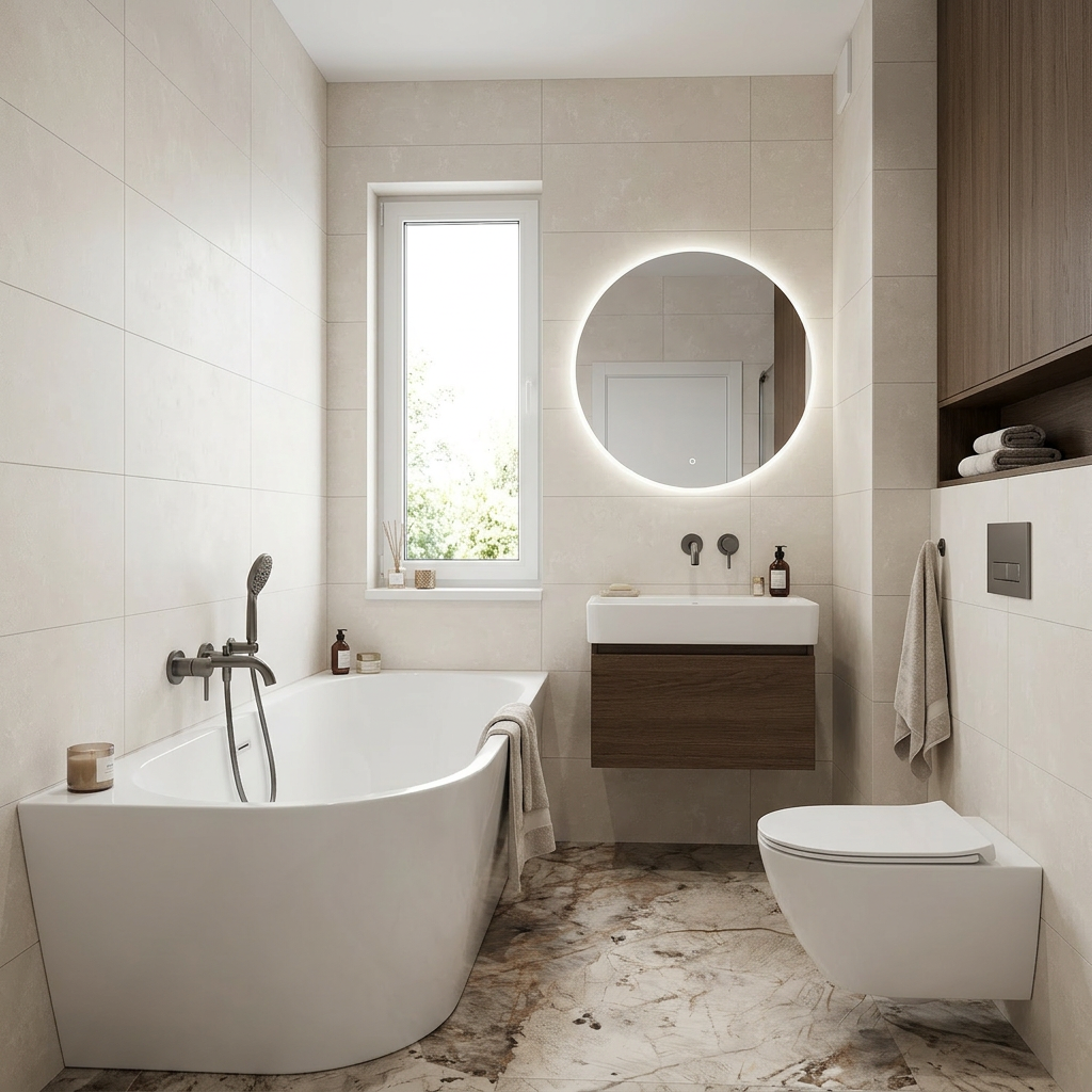 Wąska łazienka z wanną przyścienną i podwieszaną szafką – praktyczna alternatywa dla wanny wolnostojącej