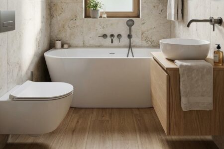 Wanna przyścienna w małej łazience zamiast wanny wolnostojącej – nowoczesny układ z drewnem i kamieniem