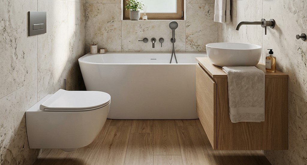 Wanna przyścienna w małej łazience zamiast wanny wolnostojącej – nowoczesny układ z drewnem i kamieniem